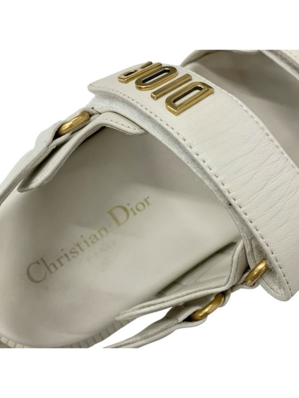 Christian Dioract Sandals Shoes Lambskin Ivory Gold Logo Velcro Strap - Picture 8 of 10